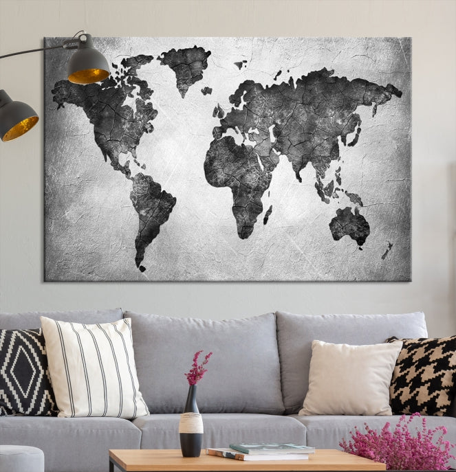 Impression d’art mural sur toile de carte du monde noire et grise