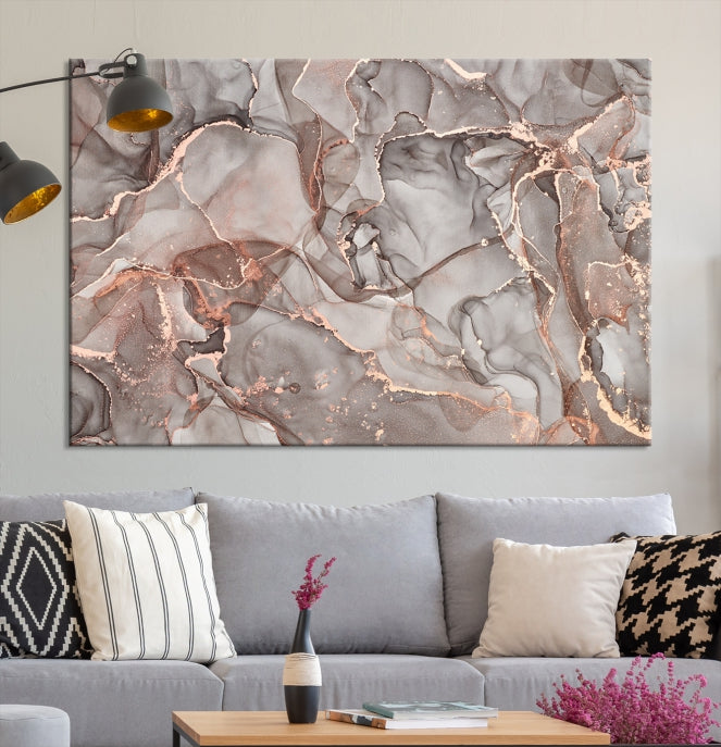 Arte de pared grande con efecto fluido de mármol dorado rosa, lienzo abstracto moderno, impresión artística de pared