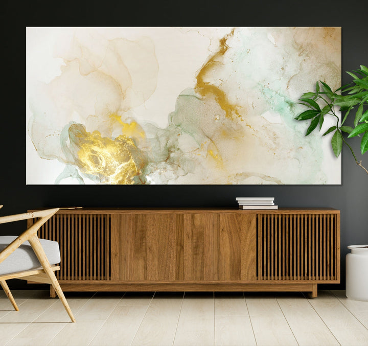 Arte de pared grande con efecto fluido de mármol amarillo, lienzo abstracto moderno, impresión artística de pared