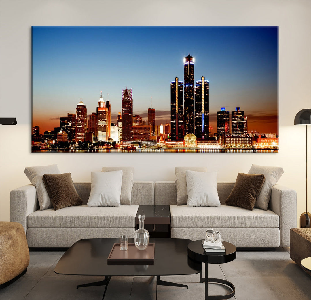 Detroit City Lights Coucher de soleil Skyline Paysage urbain Vue Art mural Impression sur toile