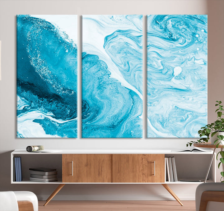 Bright Blue Marble Fluid Effect Wall Art Abstract Canvas Wall Art Print