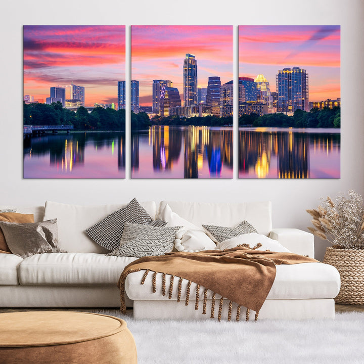 Luces de la ciudad de Austin Puesta de sol Vista del paisaje urbano del horizonte rosa Arte de pared grande Lienzo