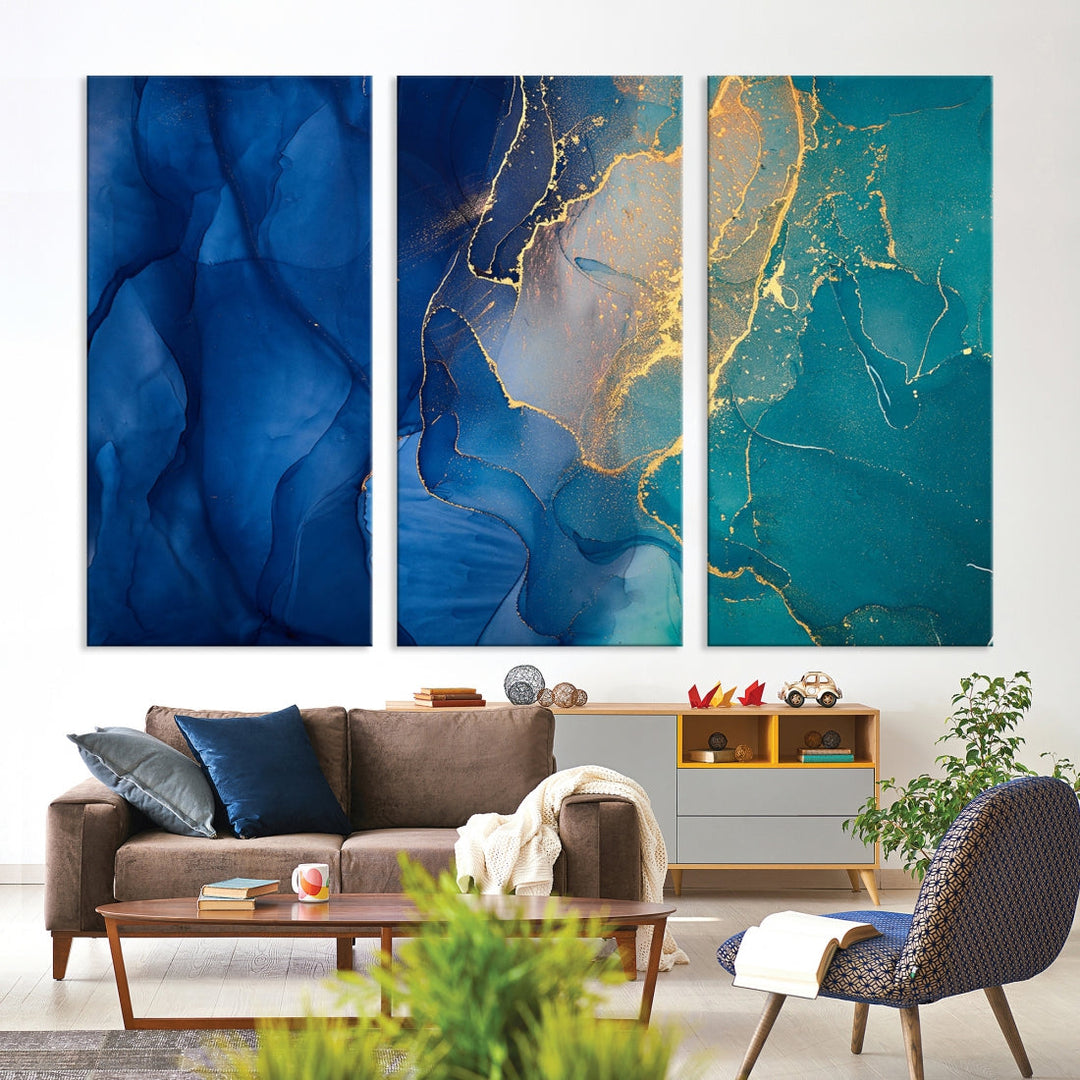 Impression d’art mural sur toile abstraite à effet fluide en marbre bleu marine et vert