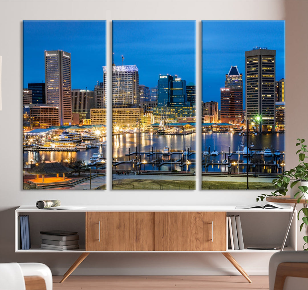 Baltimore City Lights Night Blue Skyline Cityscape View Wall Art Impression sur toile