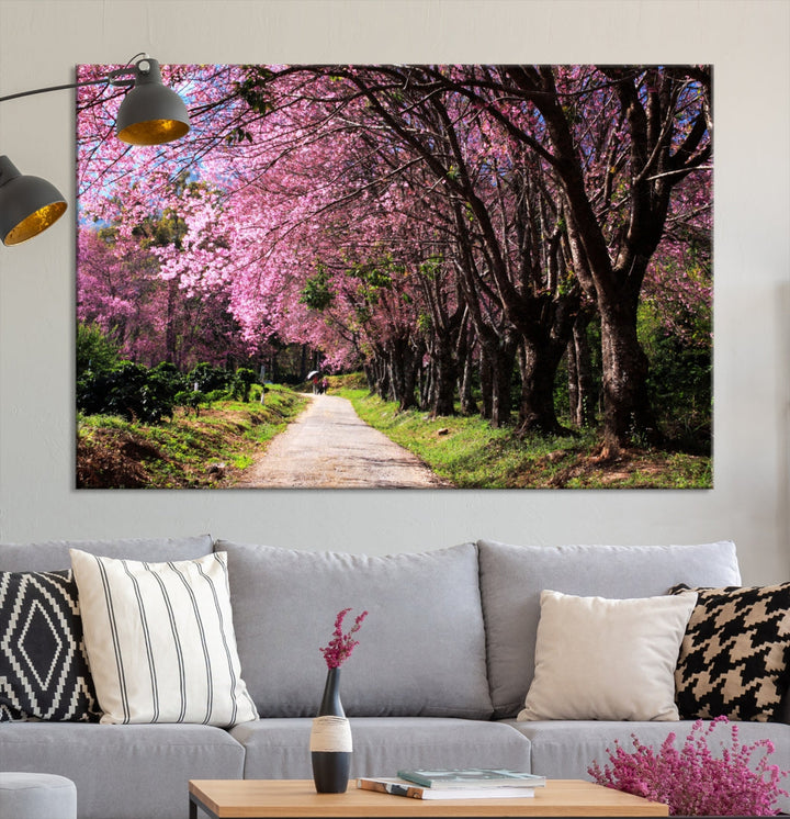 Impression sur toile d'art mural de forêt d'arbre de route de cerisier en fleurs