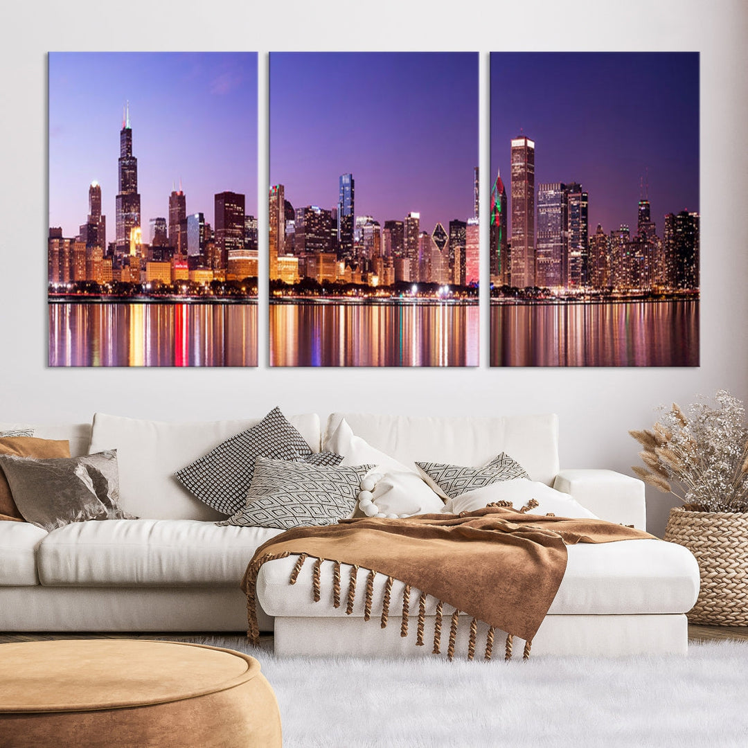 Chicago City Lights Night Purple Skyline Cityscape View Wall Art Canvas Print