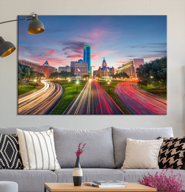 Dallas City Street Lights Sunset Pink Cloudy Skyline Cityscape View Wall Art Canvas Print