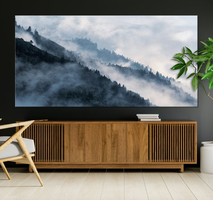Impresión de lienzo de arte de pared grande de bosque brumoso, impresión de lienzo de arte de pared de montaña brumosa