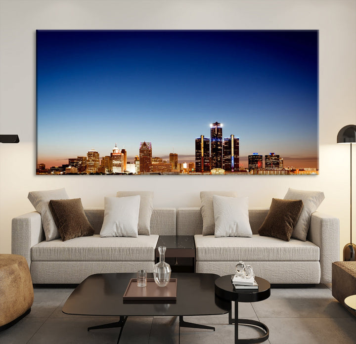 Impresión en lienzo de arte de pared grande con vista del paisaje urbano del horizonte del amanecer de las luces de la ciudad de Detroit