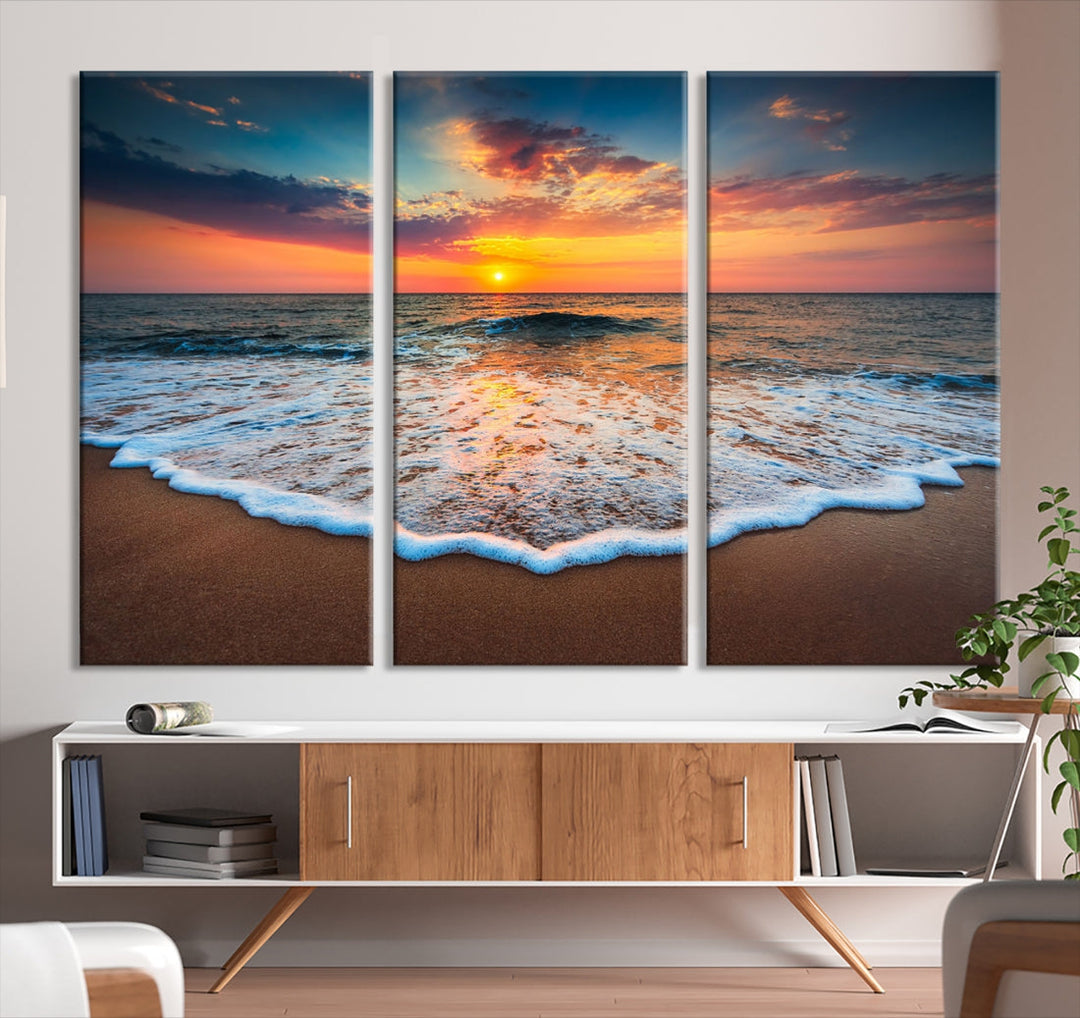 Sunset with Calm Waves on the Beach Wall Art Canvas Print