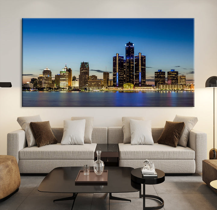 Detroit City Lights Sunrise Skyline Cityscape View Wall Art Impression sur toile