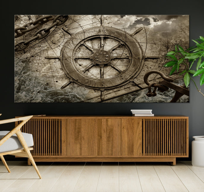 Roue de bateau en bois, impression d'art mural sur toile multi-panneaux
