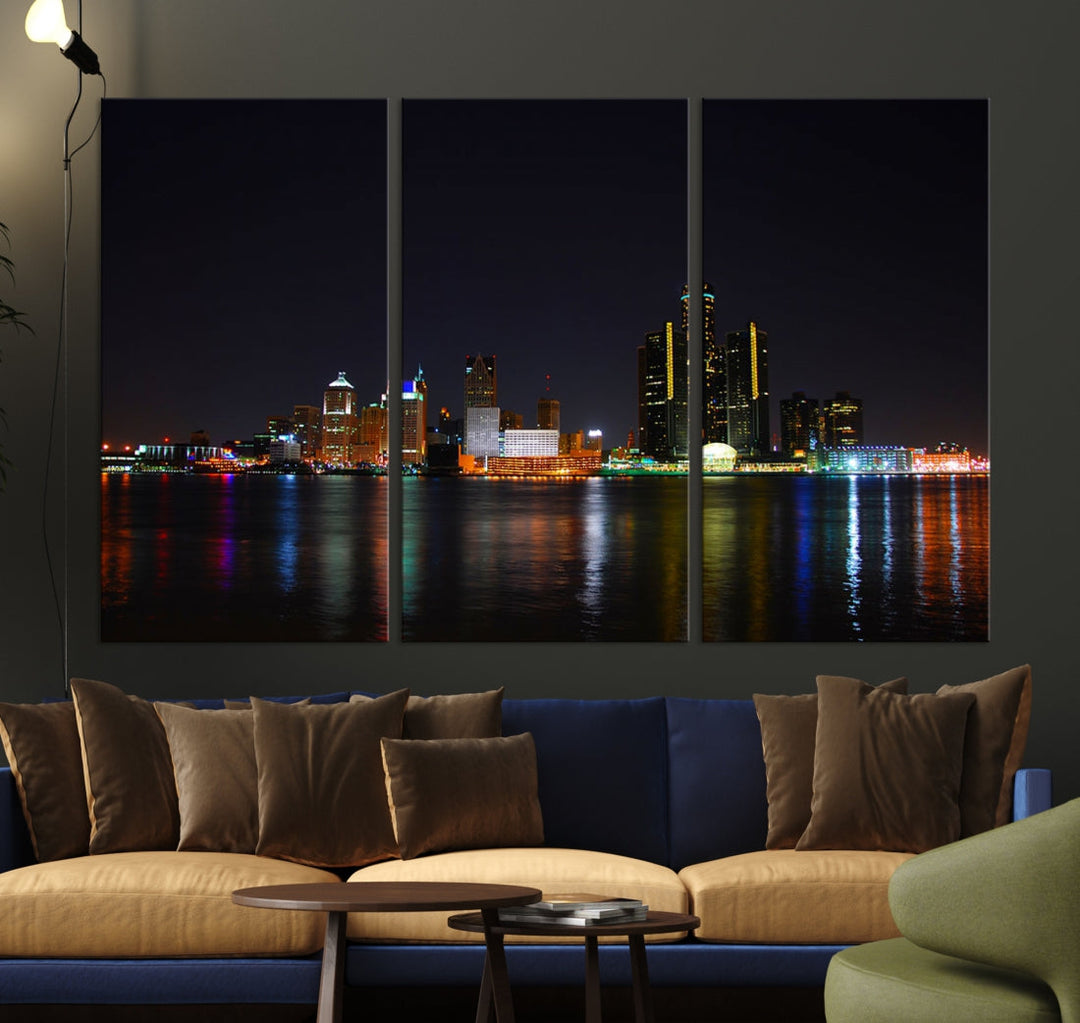 Detroit City Lights Night Skyline Cityscape View Wall Art Impression sur toile