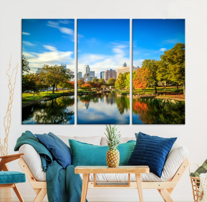 Charlotte City Park at Spring Skyline Cityscape View Wall Art Canvas Print