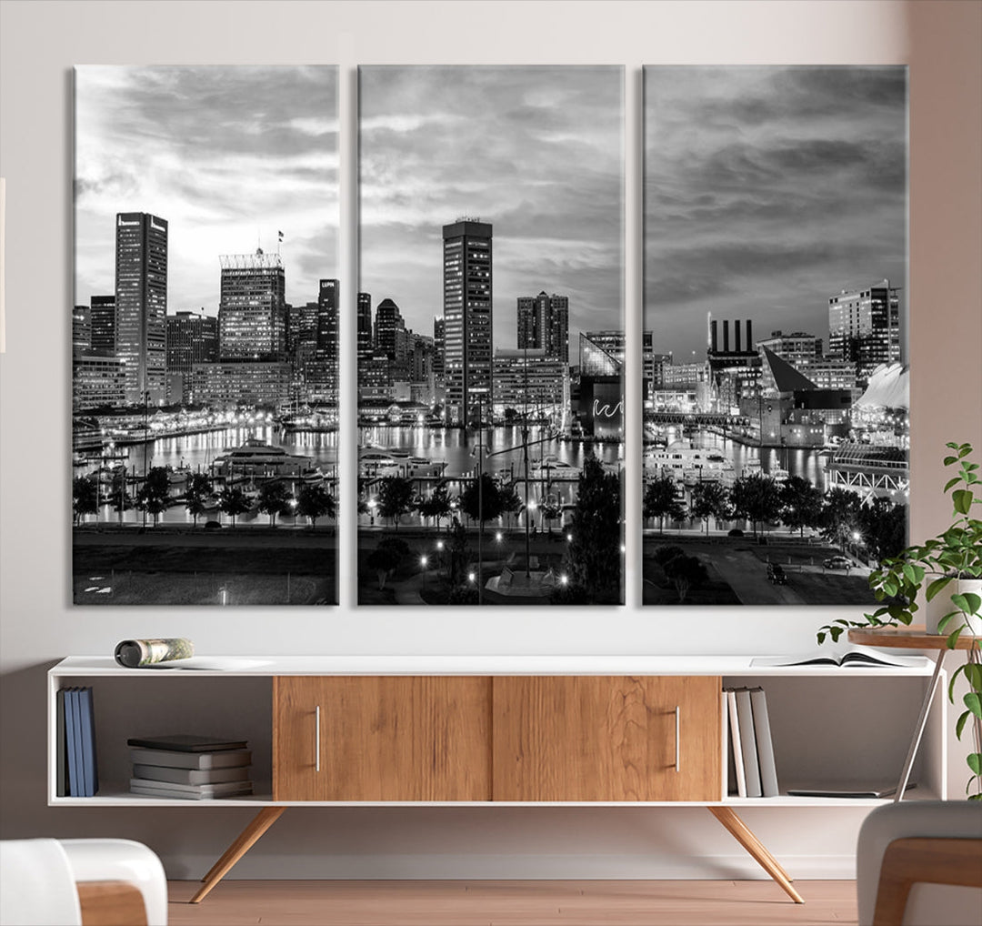 Baltimore City Cloudy Skyline Black and White Wall Art Canvas Print