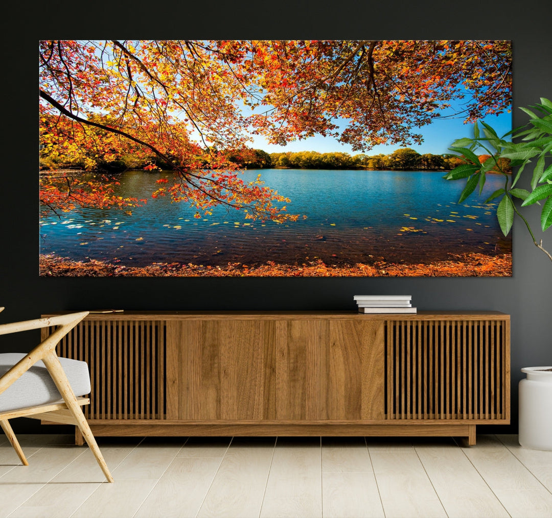Lienzo decorativo para pared grande con diseño de árbol otoñal y lago otoñal