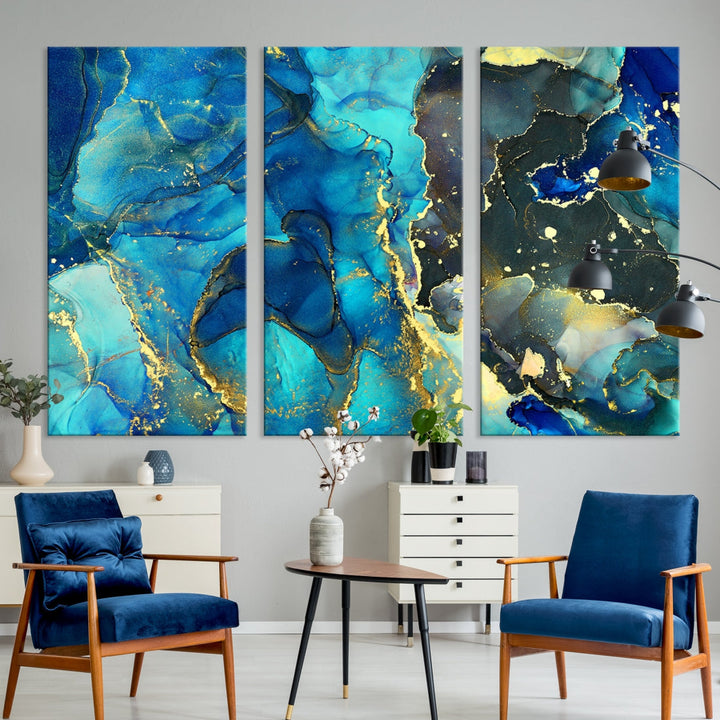 Neon Blue Marble Fluid Effect Wall Art Abstract Canvas Wall Art Print