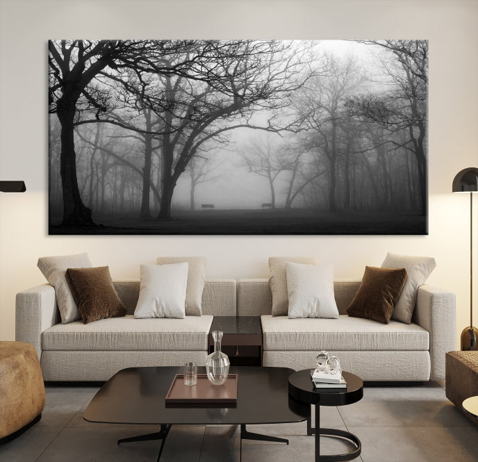 Arte de pared de bosque brumoso grande en blanco y negro Lienzo