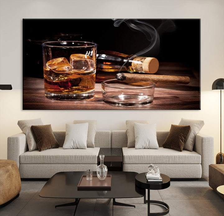 Impression sur toile d'art de whisky élégant, impression de cigares cubains, Art mural