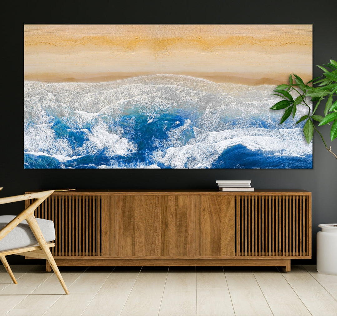 Maravilloso lienzo de playa aérea, impresión artística de pared, paisaje de playa, arte oceánico, pintura abstracta grande, lienzo original enmarcado listo para colgar obras de arte para sala de estar, cocina, dormitorio, decoración del hogar