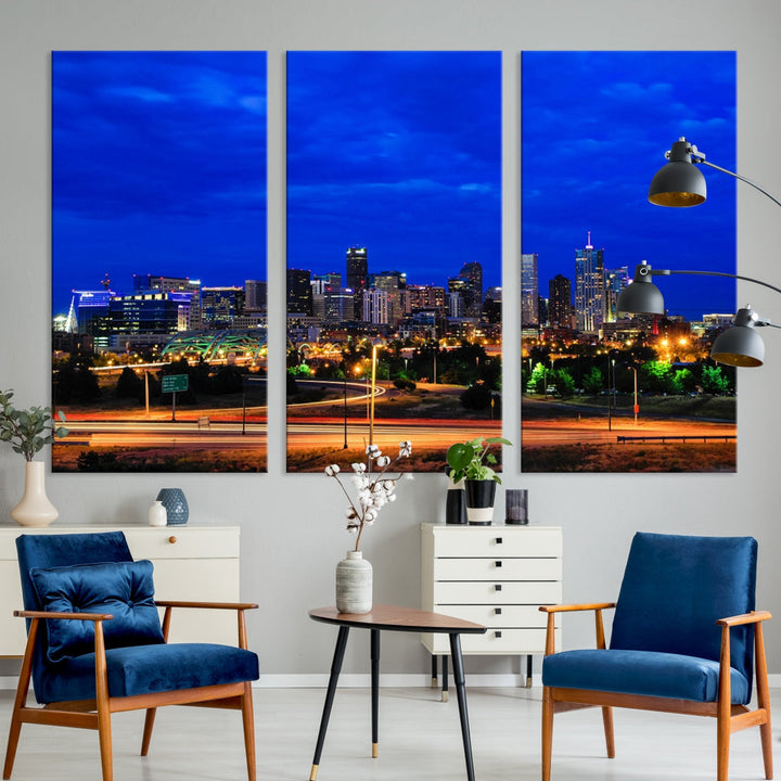 Dallas City Lights Night Bright Blue Skyline Cityscape View Wall Art Impression sur toile