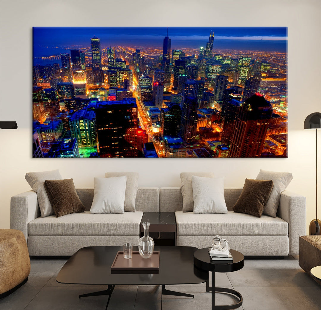 43320 - Cuadro en lienzo con diseño de horizonte nocturno de Chicago, paisaje urbano, enmarcado, listo para colgar
