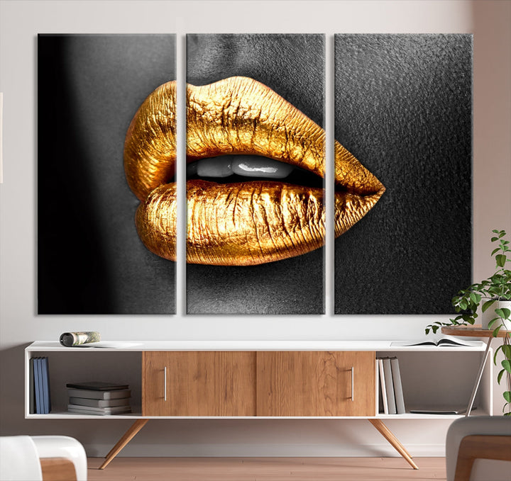 Lèvres dorées sur toile - Impression d'art mural - Maquillage - Art mural - Mode beauté - Impression sur toile