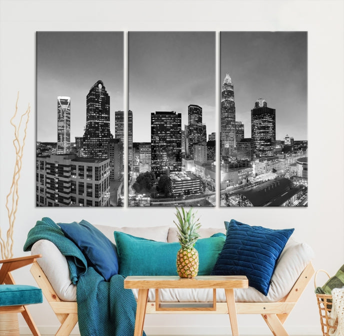 Charlotte City Cloudy Skyline Art mural noir et blanc Paysage urbain Impression sur toile