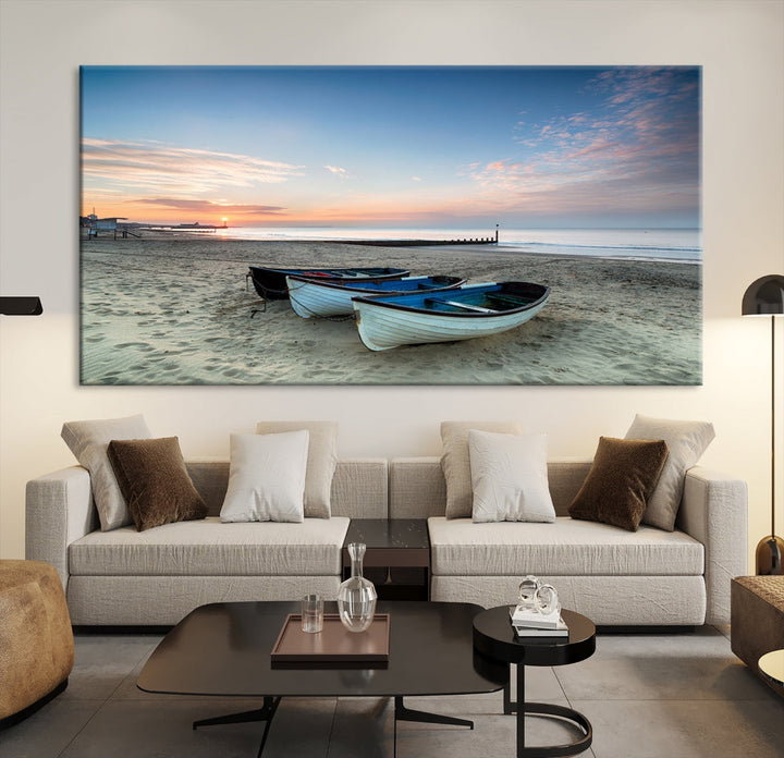 Lienzo decorativo para pared con barcos en la playa