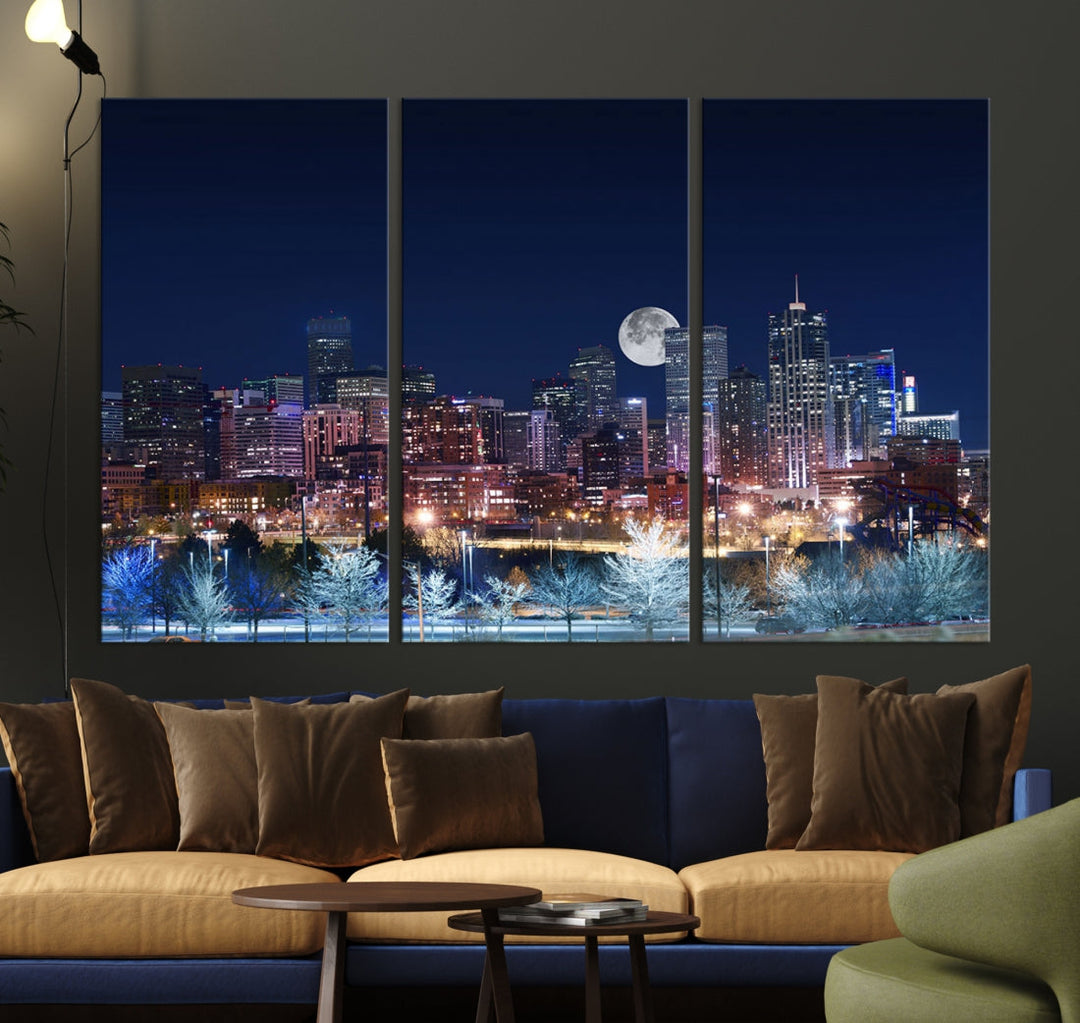 Denver City Lights Night avec pleine lune Skyline Cityscape View Wall Art Impression sur toile