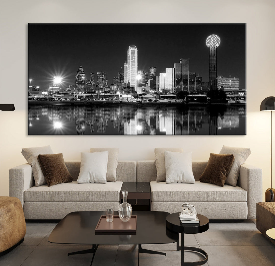 Dallas City Lights Skyline Black and White Wall Art Cityscape Canvas Print