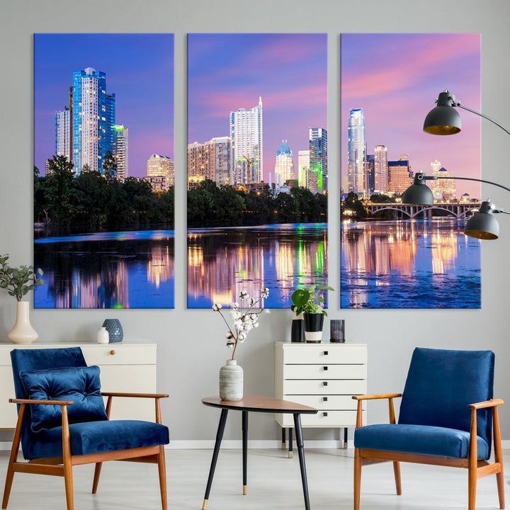 Austin City Lights Sunset Purple Skyline View Wall Art Canvas Print