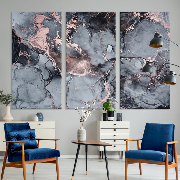 Gray and Rose Gold Marble Fluid Effect Wall Art Abstract Canvas Wall Art Print