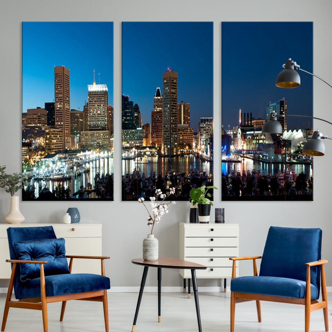 Baltimore City Lights Night Blue Skyline Wall Art Canvas Print