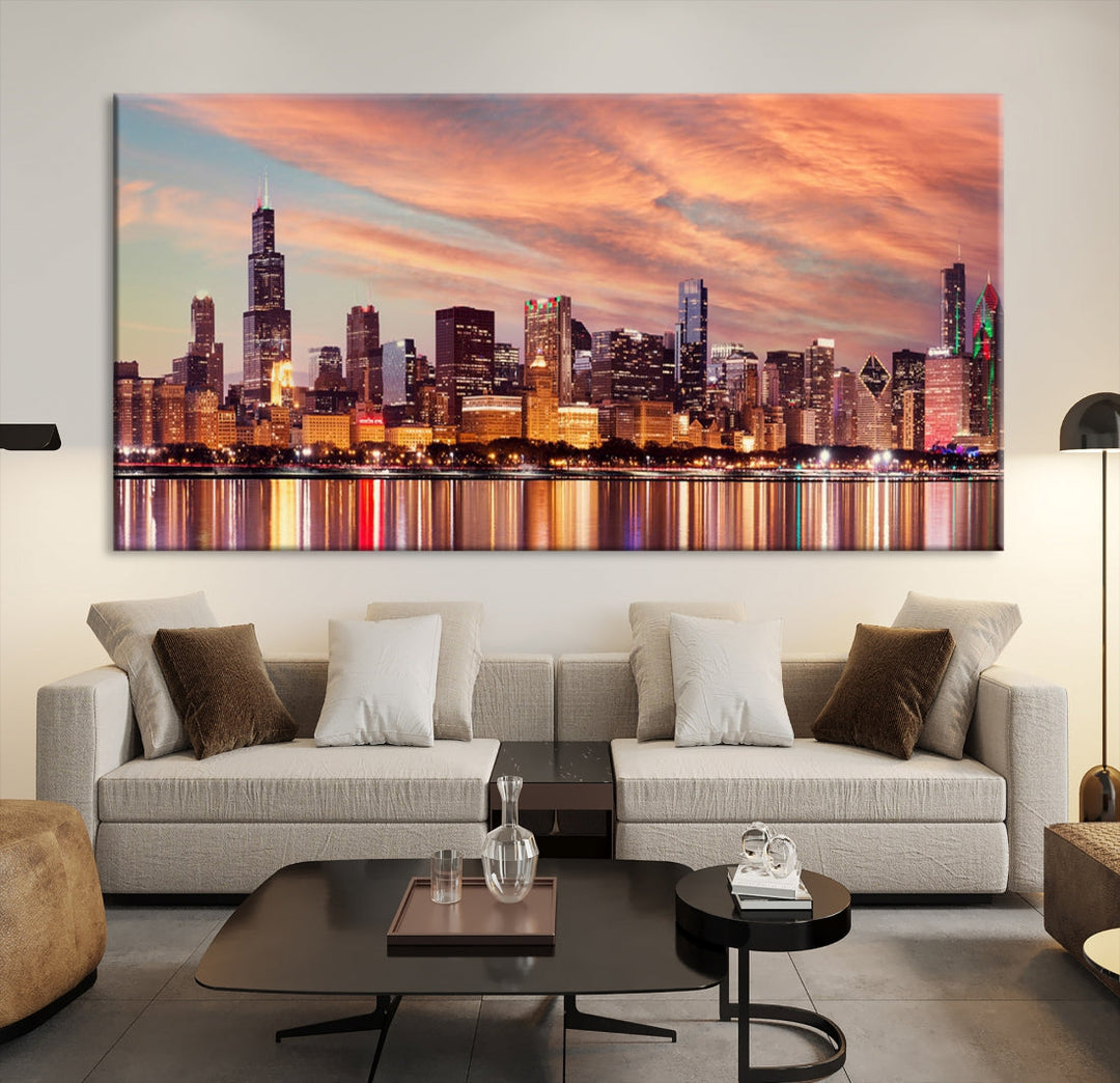 Impresión en lienzo del paisaje urbano de la ciudad del horizonte nocturno de Chicago, enmarcado, listo para colgar