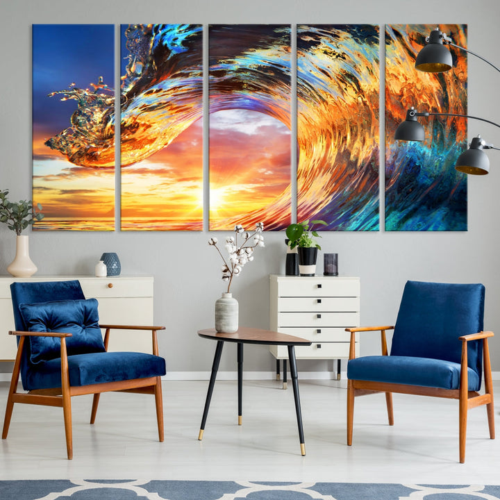 Lienzo decorativo para pared, diseño de olas, rizos, puesta de sol y océano