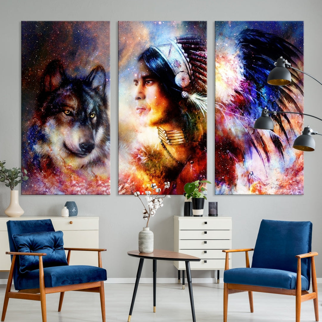 Lienzo decorativo para pared con lobo y jefe indio abstracto