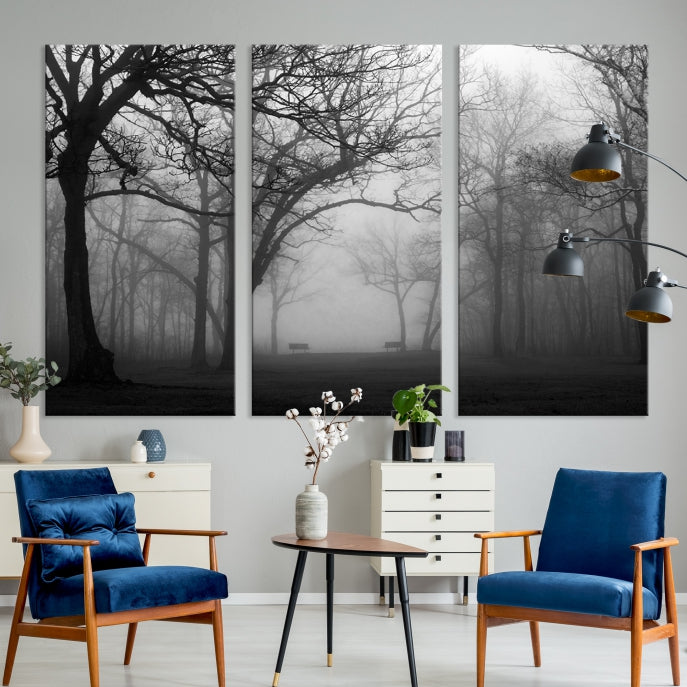 Art mural de forêt brumeuse noir et blanc Impression sur toile
