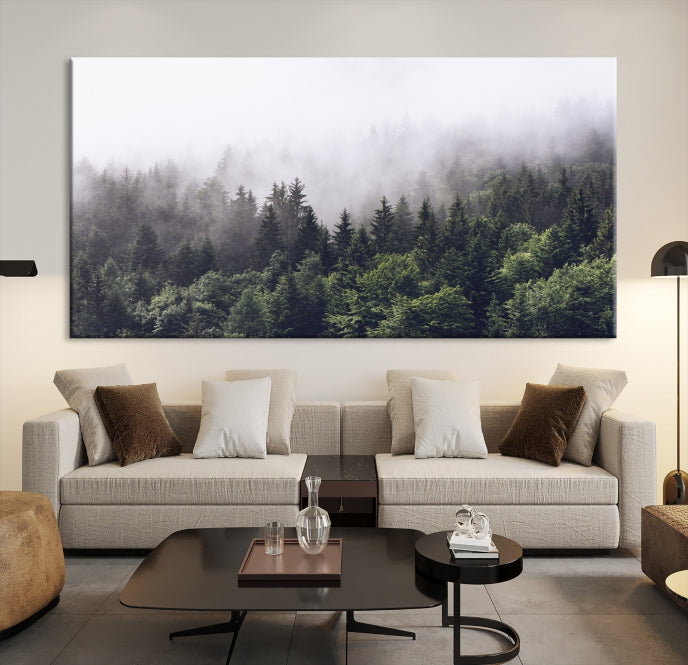 Impresión de arte de pared de lienzo grande de bosque brumoso y brumoso, impresión de lienzo de arte de pared de bosque nublado para decoración de sala de estar