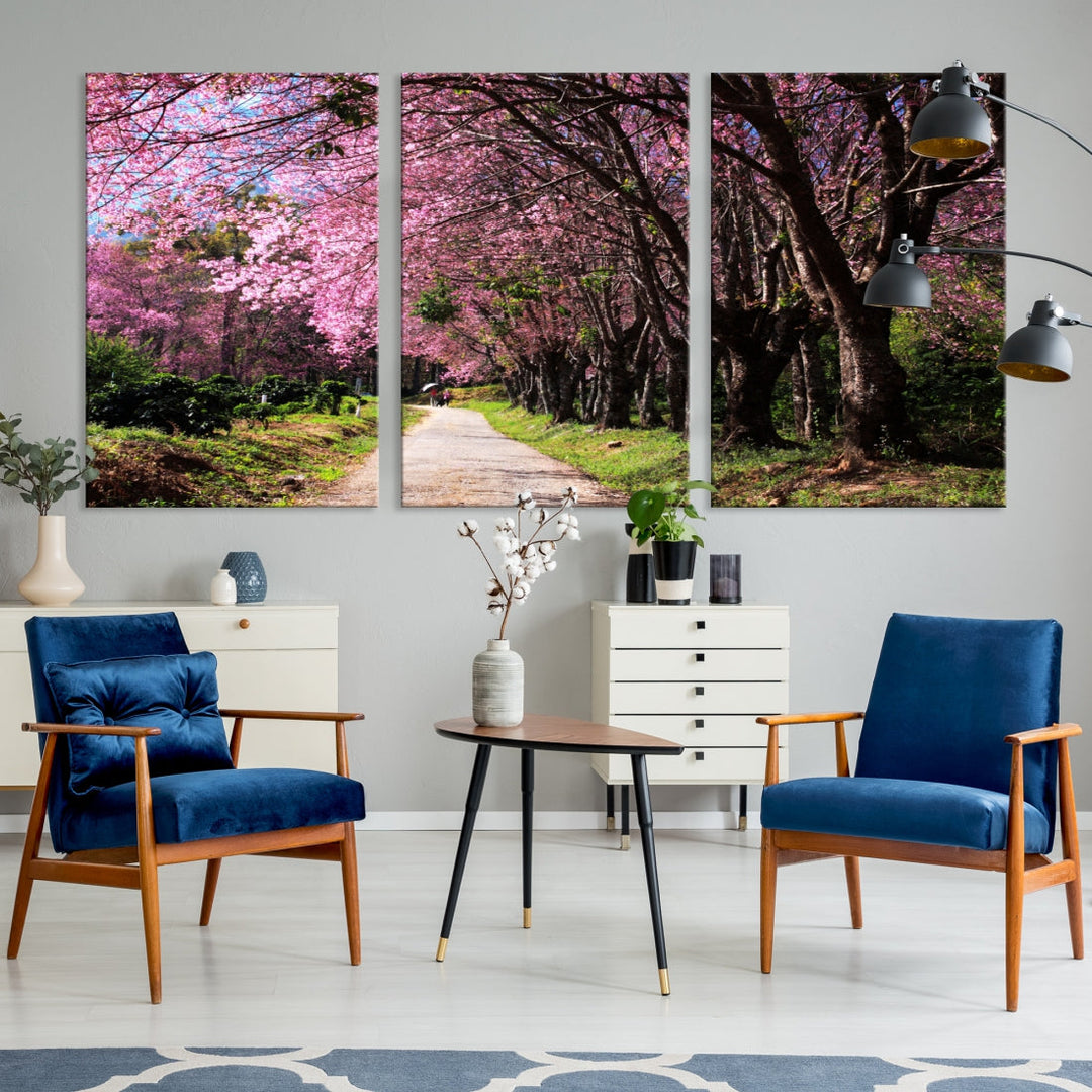 Blossom Cherry Road Tree Forest Wall Art Canvas Print