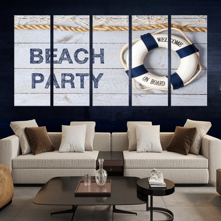 Cartel de fiesta en la playa, lienzo grande, arte de pared, arte de aro salvavidas, arte de pared de vela