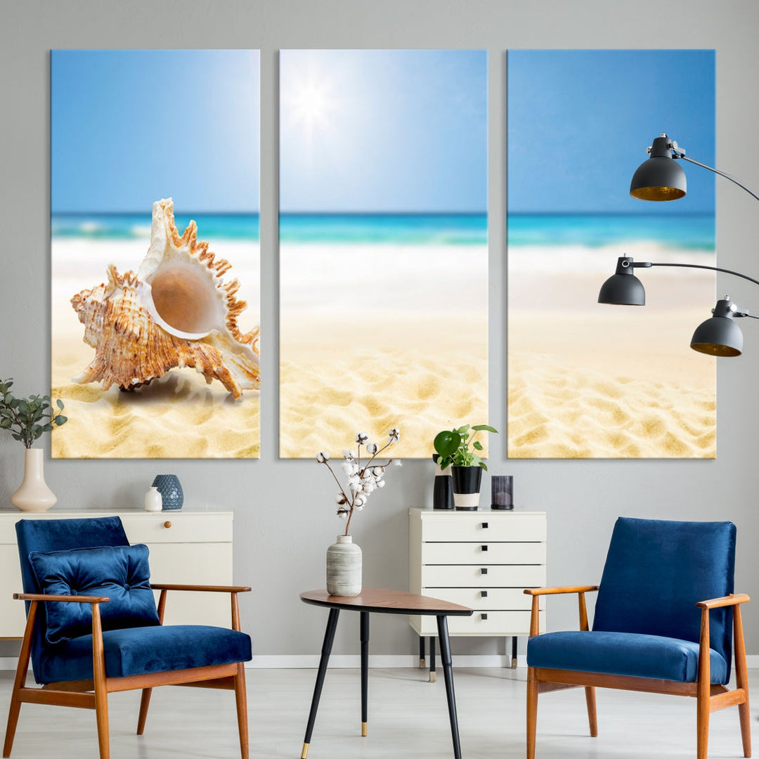 Lienzo decorativo para pared con concha de mar en la playa, sol y arena