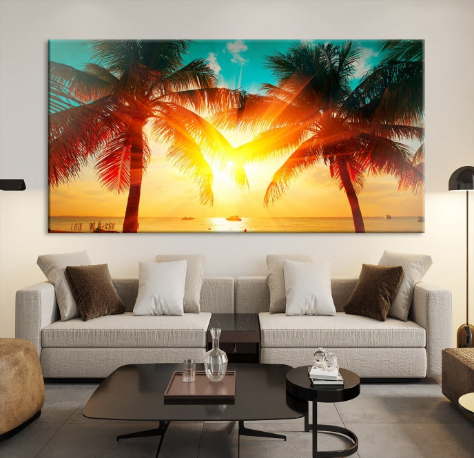 Lienzo decorativo para pared grande con palmeras y puesta de sol en la playa