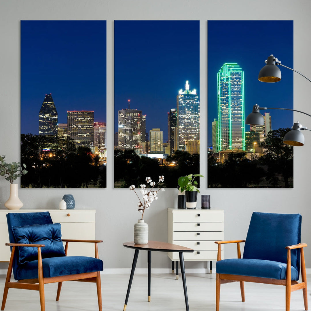 Dallas City Night Blue Skyline Cityscape View Wall Art Canvas Print