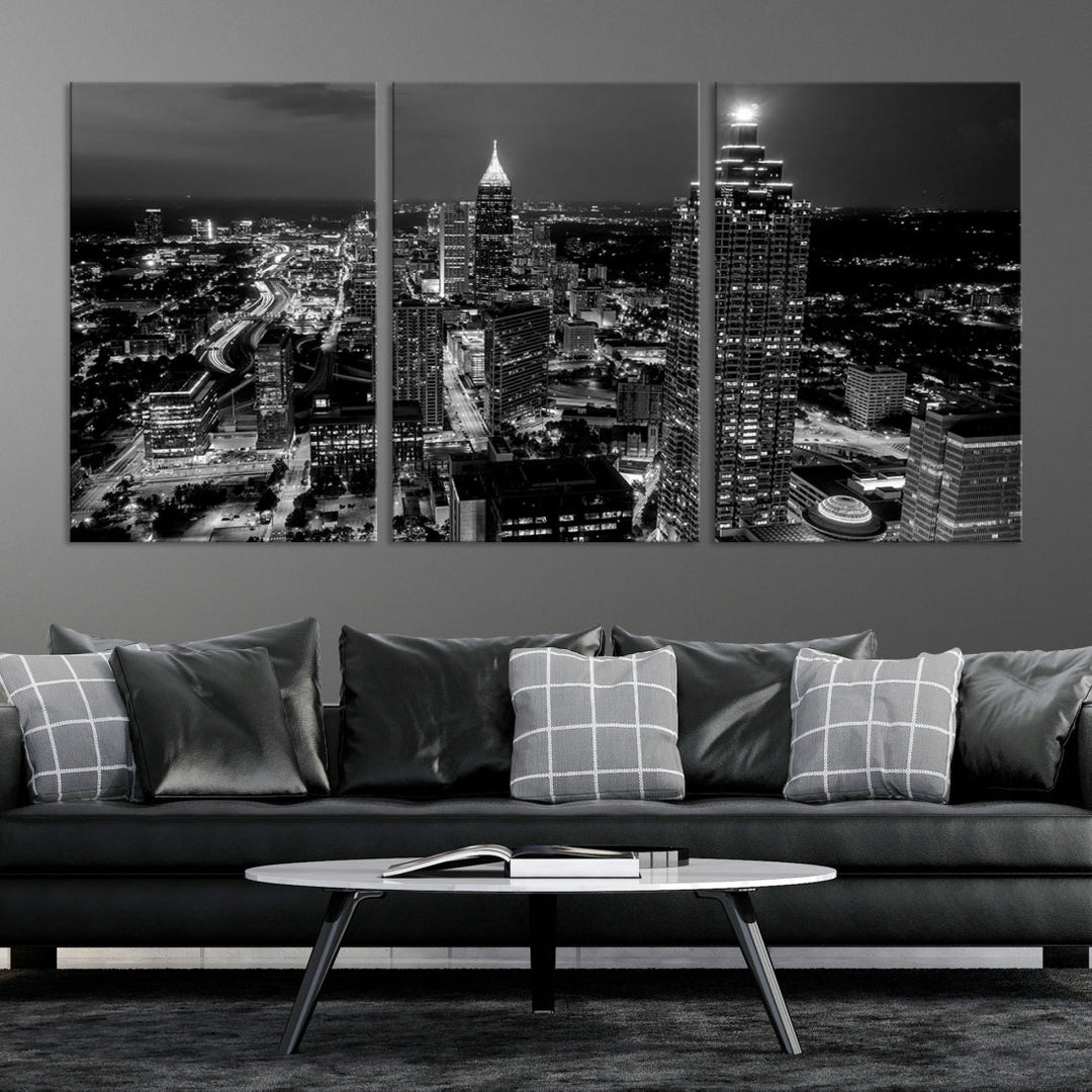 Atlanta City Lights Skyline Black and White Wall Art Cityscape Canvas Print
