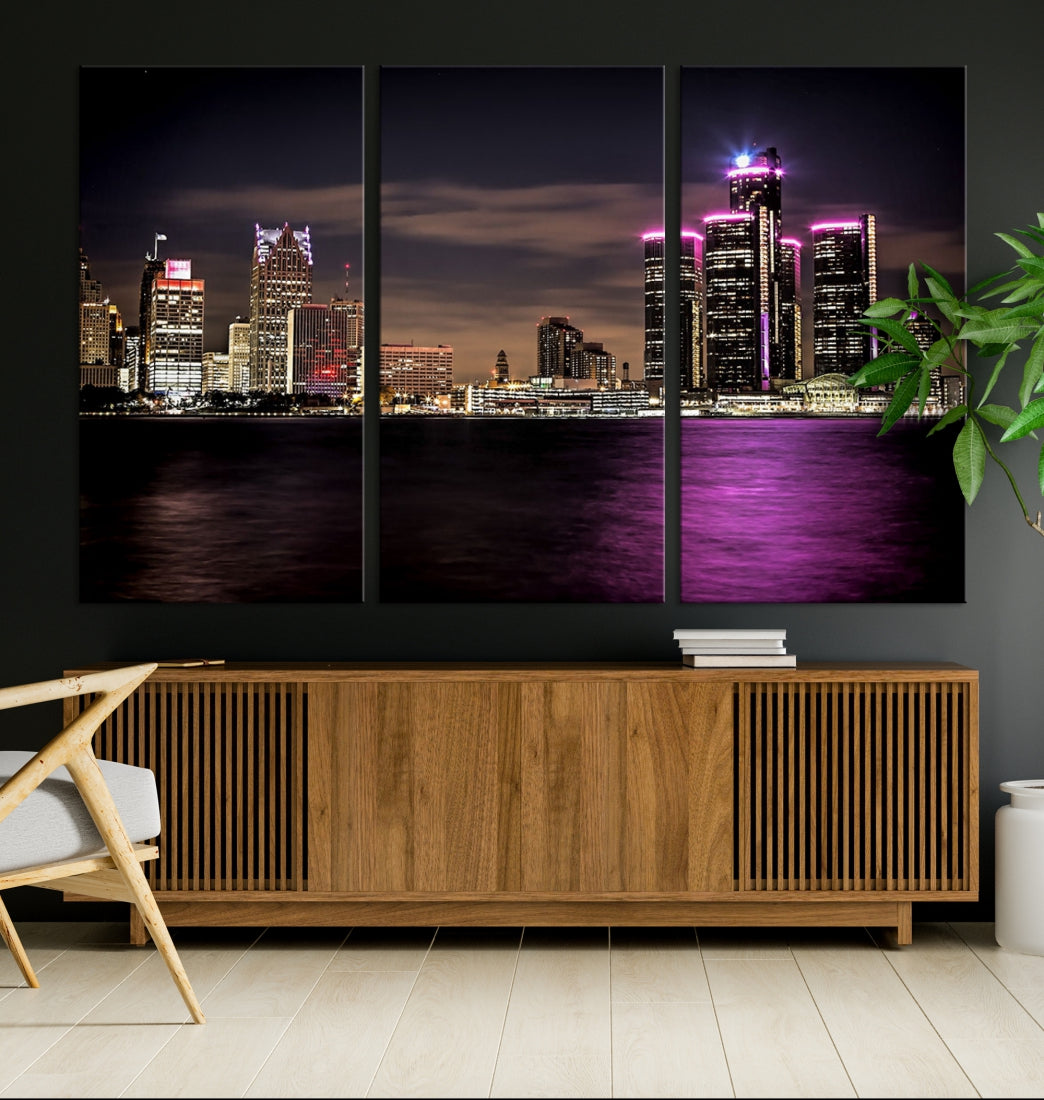 Detroit City Purple Lights Night Skyline Cityscape View Wall Art Canvas Print