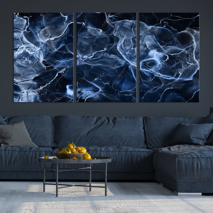 Arte de pared grande con efecto ahumado de mármol azul, lienzo abstracto moderno, impresión artística de pared
