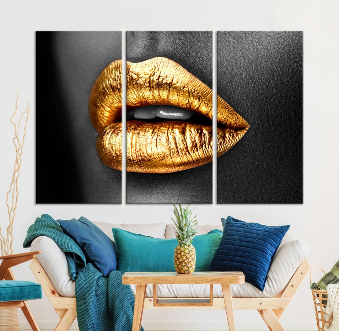 Labios dorados lienzo pared arte impresión maquillaje pared arte moda belleza arte elegante decoración del hogar labios lienzo impresión enmarcado listo para