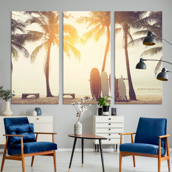 Surfboard and Palm Tree on Beach Double Exposure with Colorful Bokeh Sunset Light Wall Art Canvas