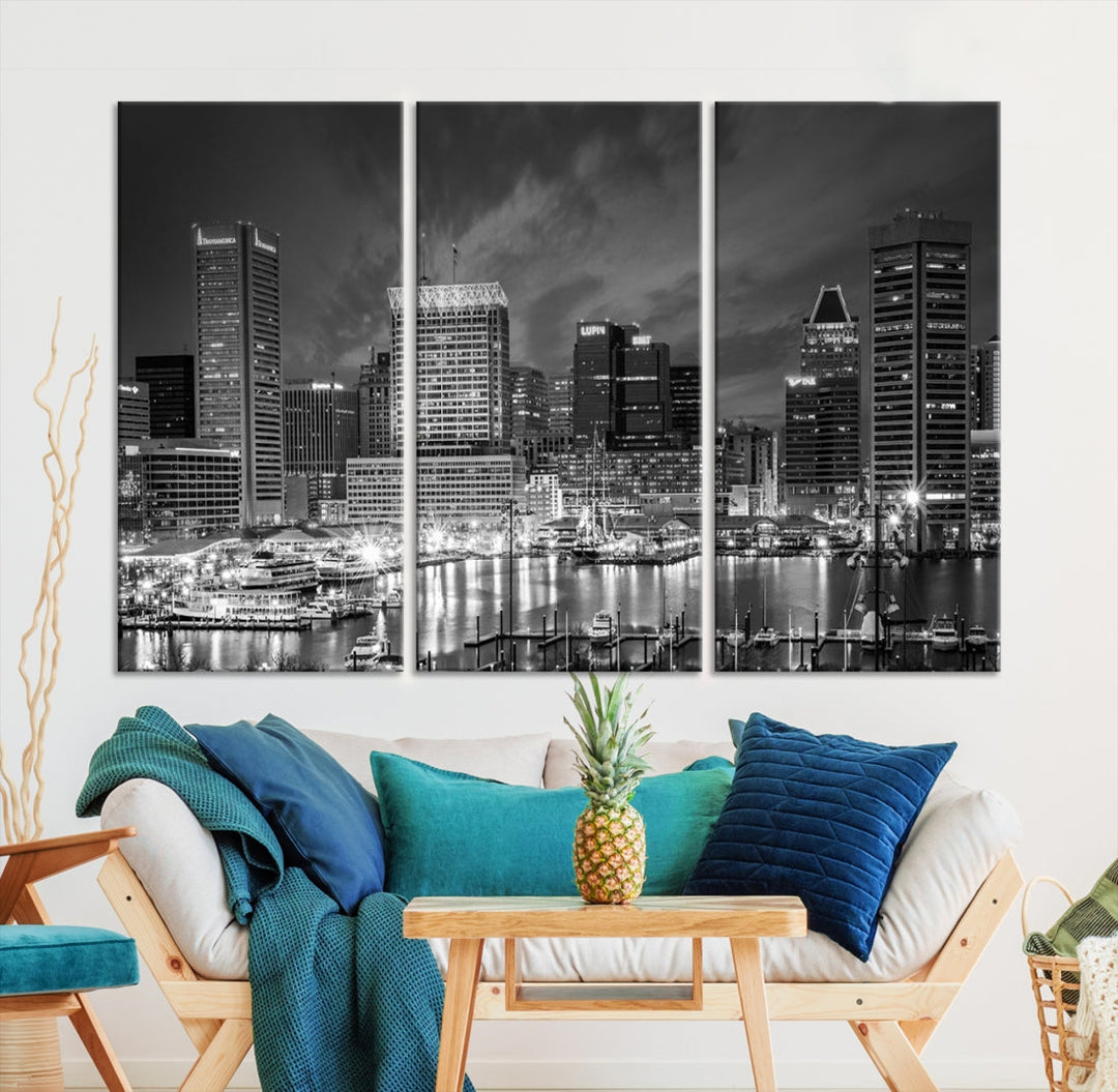 Baltimore City Lights Cloudy Skyline Black and White Wall Art Cityscape Canvas Print